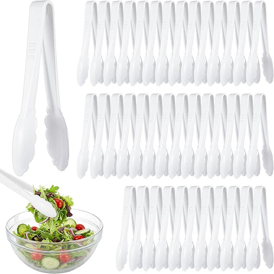 Tessco for you 50 Pcs Plastic Tongs for Serving Bulk, 9 Inch Plastic Disposable Serving Tongs, Heavy Duty Salad Tong for Kitchen, Buffet, BBQ, Events & Catering (White)