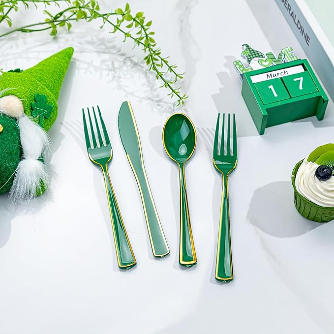 WDF 180PCS Green Plastic Silverware - Green Utensils 60 Forks, 60 Knives and 60 Spoons - Heavy Duty Silverware for Party Supplies/St. Patrick's Day