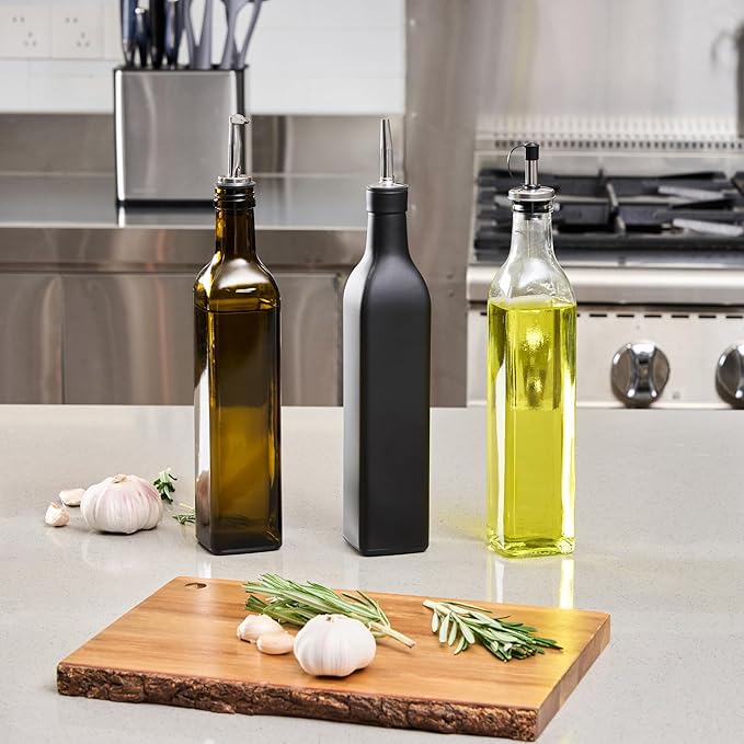 Restaurantware RW Base 16.9 Ounce Olive Oil Dispenser 1 Kitchen Oil Dispenser Bottle - With Stainless Steel Pourer Non-Leaking Amber Glass Olive Oil Pourer For Cooking Or Salad Dressings