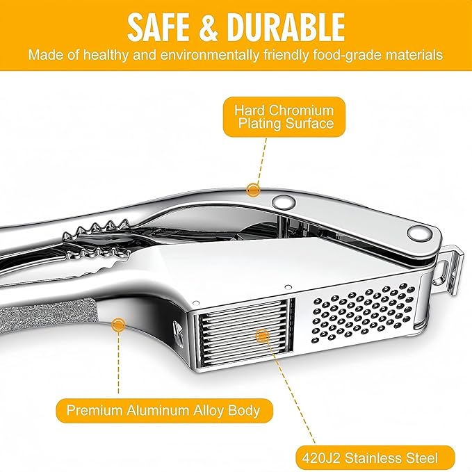 WUJIE Stainless Steel Garlic Press and Slicer - 2-in-1 Crusher and Mincer, Professional Kitchen Tool with Cleaning Brush for Garlic and Ginger