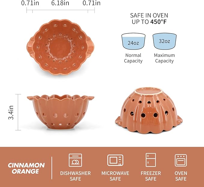 Cute Scallop Edge Ceramic Colander with Handles(7.6"),Round Colorful Berry Basket, Small Fruit Container for Strawberry, Cherry & Kitchen Counter,Cinnamon Orange