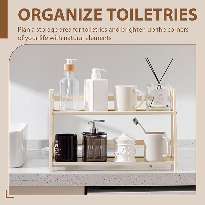 1 Pcs 2 Tier Matcha Station Shelf Bamboo Coffee Mug Stand Countertop Storage Rack, Double Layer Rattan Office Cup, Kitchen, Tea, Plant, Bar Accessories Condiment Display (White,17.7 Inch)