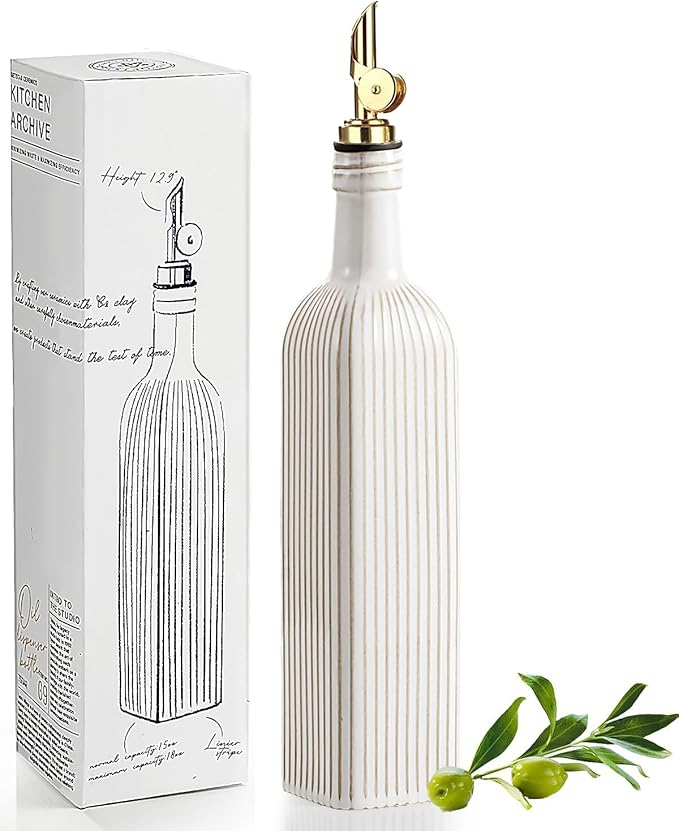 getstar 18 oz Olive Oil Dispenser Bottle for Kitchen, Ceramic Oil Bottle with Automatic Stainless Steel Pourer (Golden Pourer, Vintage White)