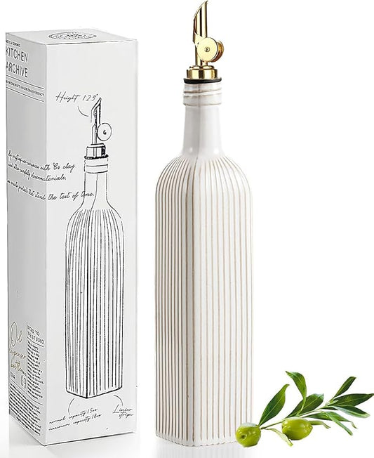 getstar 18 oz Olive Oil Dispenser Bottle for Kitchen, Ceramic Oil Bottle with Automatic Stainless Steel Pourer (Golden Pourer, Vintage White)