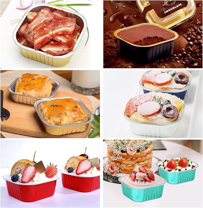 LNYZQUS 10oz Disposable Ramekins With Lids 40 Pack, Aluminum Foil Jumbo Cupcake Pan, Square 4”X4” Mini Cake Pan Browni Baking Cups Muffin Tin Dessert Cups For Wedding Party-White