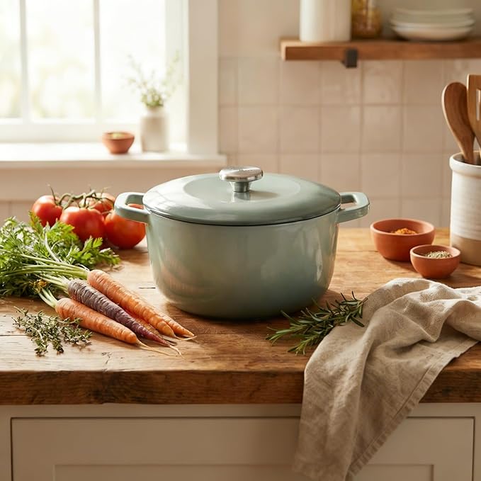 5.5QT Enamel Cast Iron Dutch Oven with Lid,Dual Handles,Versatile Heavy-Duty Non-toxic Cookware for Sourdough Bread Baking,Braising,Stews,Roasting,Oven Safe up to 500°F green
