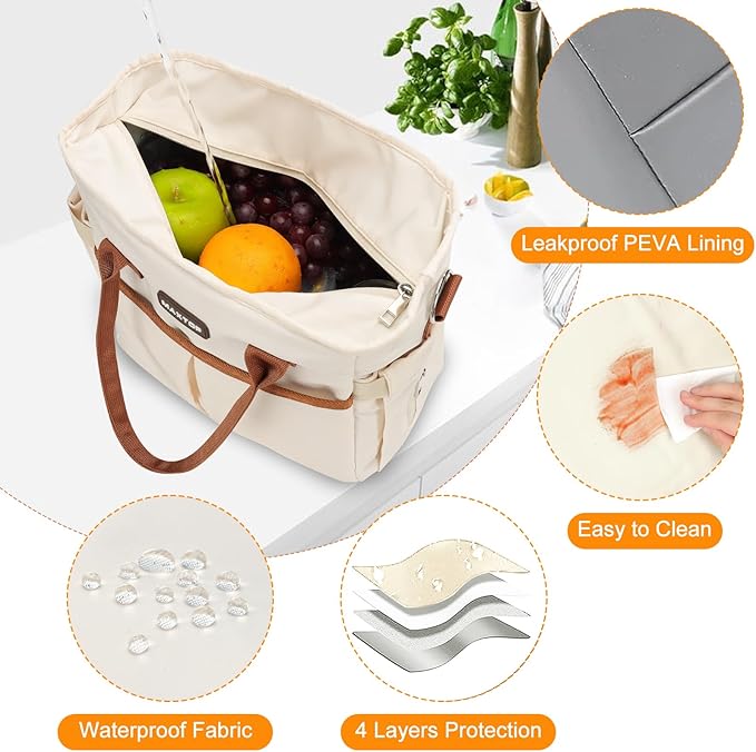 MAXTOP Lunch Bag Women for Work Insulated Thermal Lunch Box with Wide-Open Pocket Reusable Leakproof Cooler Bags with Removable Shoulder Strap for Teacher Nurse Office Picnic Travel XL-Brown
