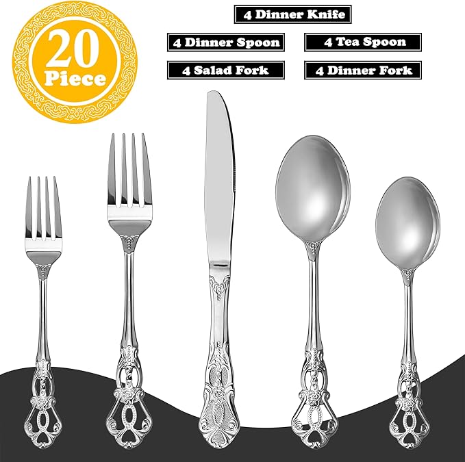 Runfly Gorgeous Retro Royal Stainless Steel 20 Pieces Flatware Set, Silverware Set, Anti-rust Stainless Steel Cutlery Set Utensils Including Fork Spoon and Knife