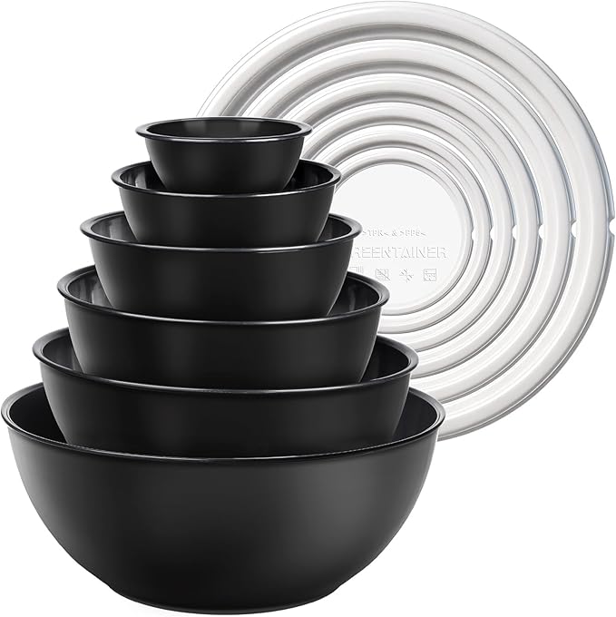 Plastic Mixing Bowls with Lids Set for Kitchen, Nesting Bowls for Mixing, Baking, Prepping, Cooking and Serving Food, Mixing Bowls Dishwasher, Microwave Safe (Black)