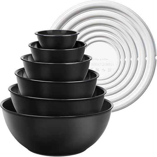 Plastic Mixing Bowls with Lids Set for Kitchen, Nesting Bowls for Mixing, Baking, Prepping, Cooking and Serving Food, Mixing Bowls Dishwasher, Microwave Safe (Black)