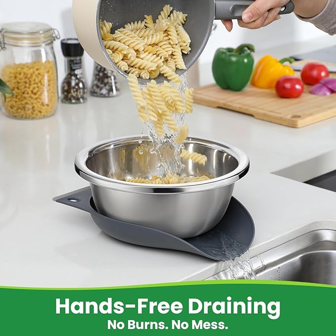Hands-Free 304 Stainless Steel Strainer and Colander with Self-Draining Base, Kitchen Microporous Strainers for Rice Pasta Fruits and Vegetables