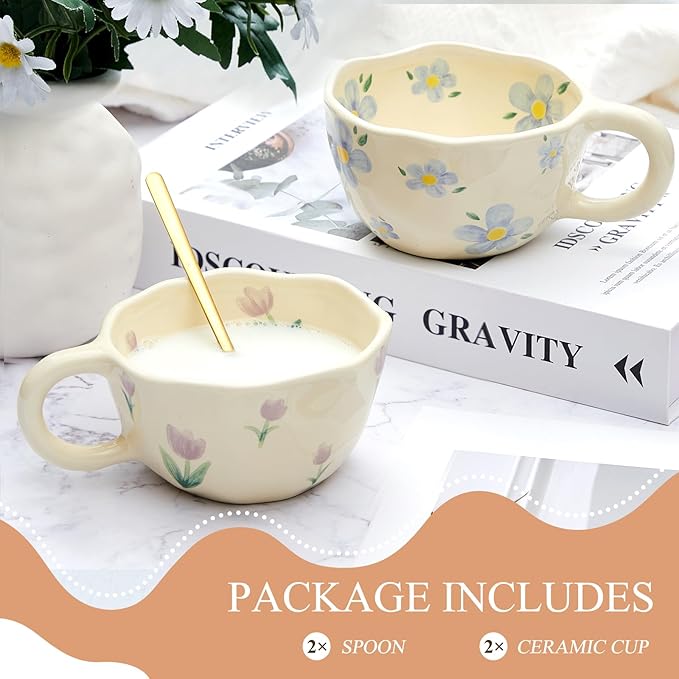 Vesici 2 Pcs Ceramic Coffee Mugs with Spoon, Vintage Floral Spring Mugs with Handle, 8.5 oz Aesthetic Flower Porcelain Tea Cup Set, Dishwasher & Microwave Safe for Home Office Gift(Vibrant)