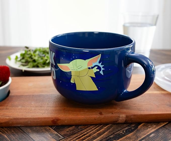 Silver Buffalo Star Wars The Mandalorian Work Hard Nap Harder Baby Yoda Grogu Ceramic Soup Mug With Vented Plastic Lid, 24 Ounces