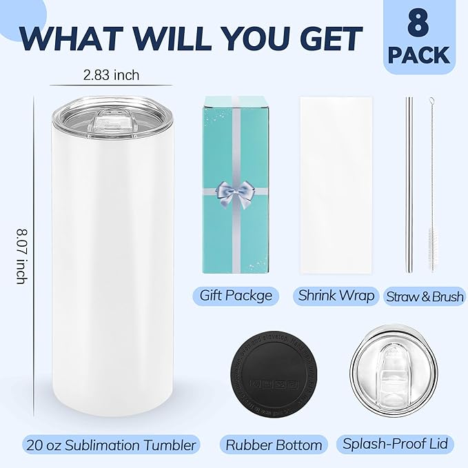 D·S 8 Pack Sublimation Tumblers 20 oz Bulk Skinny Straight Flat Bottom Blank Tumbler Cups with Individual Gift Boxed for Heat Transfer DIY Craft