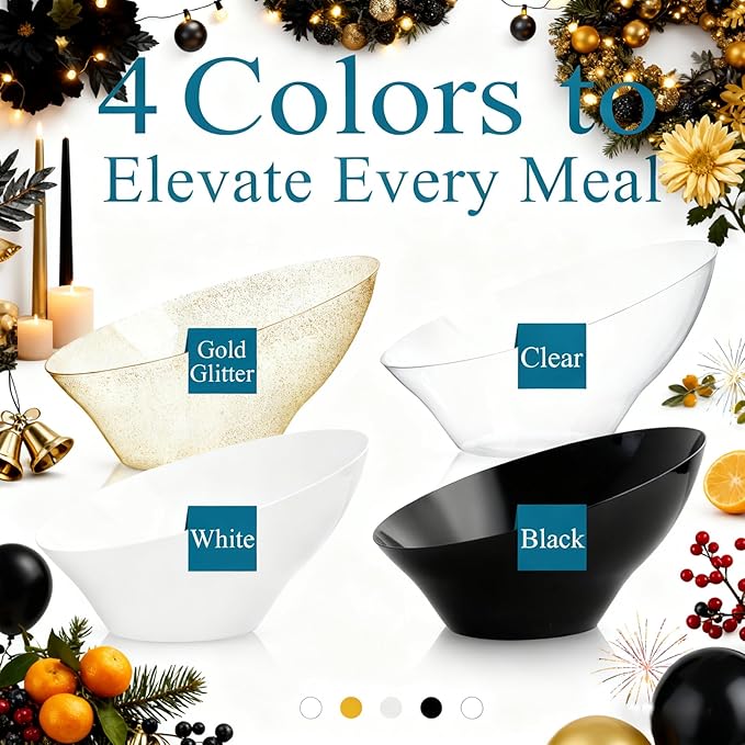 Liacere 16 Pack Black Plastic Bowls - Black Serving Bowls - 20 OZ Angled Bowl Disposable for Chip,Candy,Salad and Fruit - Ideal for Wedding & Party & New Year