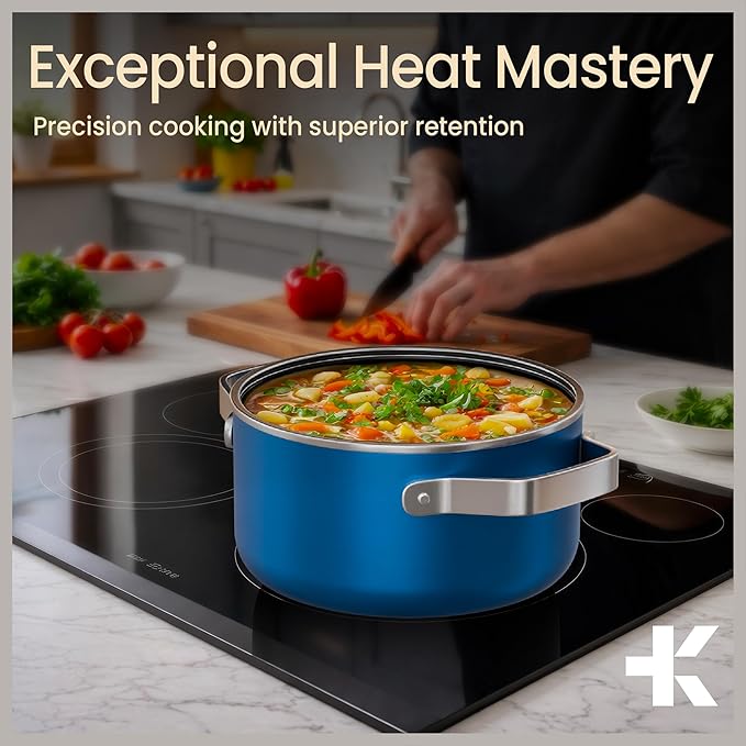 Bakken 3 Quart Ceramic Coated Stock Pot with Lid, Easy to Clean Nonstick Pot, Tempered Glass Lid, Riveted Stainless Steel Handles, Oven Safe Up To 500°F, PTFE & PFAS Free, All Stove Compatible, Blue