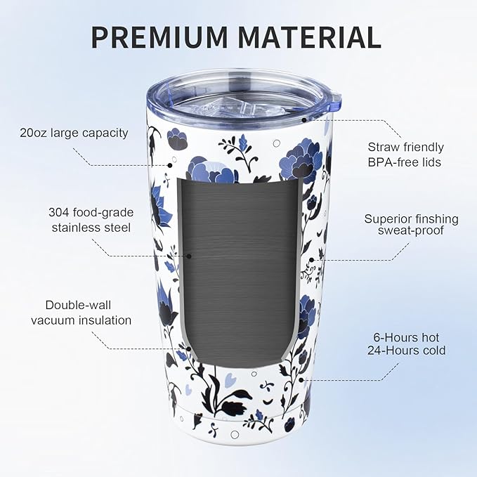 20oz Tumbler with Lid and Straw Double Wall Powder Coated Vacuum Insulated Coffee Tumbler Stainless Steel Travel Coffee Mug Spill-Proof Thermal Cup for Hot and Cold Beverage,Blue and White Porcelain