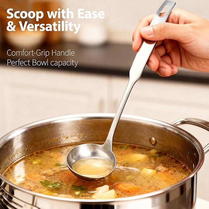 Professional Stainless Steel Soup Ladle, 11.8" Comfort Grid, Long Ergonomic Handle, Durable Kitchen Utensil for Cooking, Stirring, Serving Soups, Heavy-Duty Metal, Dishwasher Safe
