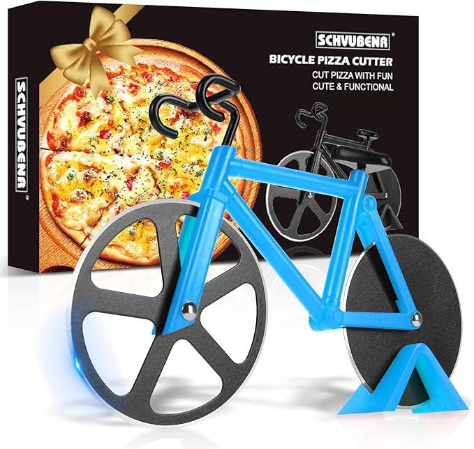 Bicycle Pizza Cutter Wheel - Gifts for Cyclists, Men, Dad, Bike Lovers - Funny Kitchen Gadgets - Cool Father’s Day, Christmas, Birthday, White Elephant Gifts - Stainless Steel Pizza Slicer(Blue)