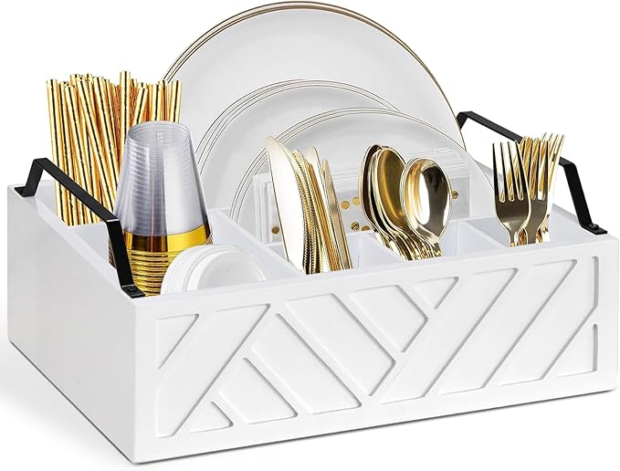 Paper Plate Dispenser and Holder for Kitchen Counter, Wood Rustic Silverware Utensil Caddy, Cutlery Flatware Organizer Box for Cups Spoons Forks Napkins, Kitchen Accessories