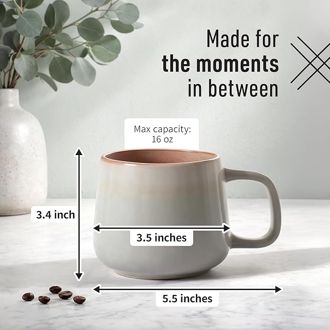 Large Ceramic Coffee Mugs Set of 4 | 16 oz Stoneware Coffee Cups | Lead-Free, Non-Toxic | Microwave and Dishwasher Safe | Comfortable Handle | Nordic Design for Tea, Cocoa, Latte | Sage Ash