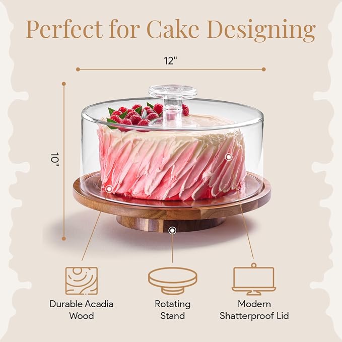 Rotating Cake Stand With Lid - 12 Inch Round Cake Holder with Cover, 4” Tall, Acacia Wood Spinning Cake Turntable for Decorating, Display and Serving Platter, Acrylic Cake Dome, No Glass