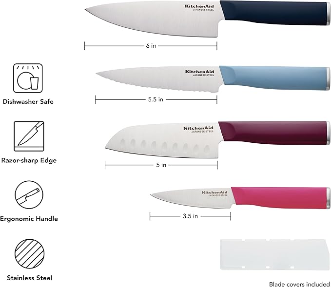 KitchenAid 4-Piece Chef Knife Set with Blade Covers, 6-Inch Chef Knife, 5-Inch Santoku, 5.5-Inch Serrated Utility, 3.5-Inch Paring High-Carbon Japanese Steel, Assorted Colors