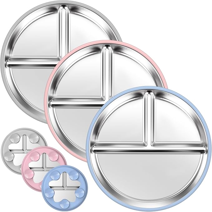 OVV Stainless Steel Kids Plates (3 Pack) 9 Inch Toddler Divided Plates with ﻿Removable Silicone Sleeves & 5 Suction Cups Baby Self Feeding | Mess-Free Mealtime | Dishwasher Safe