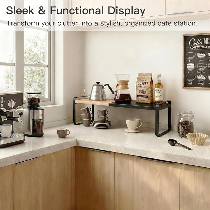 Expandable Kitchen Counter Shelf Organizer, Black Coffee Bar Accessories & Station Decor, Industrial Cabinet Riser with [Secure Interlocking Design], Heavy Duty Metal Rack for Mugs (Bamboo/Black)