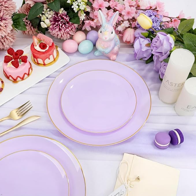 PULOTE 100PCS Purple Plastic Plates Disposable - Include 50 Dinner / 50 Dessert Plates Heavy Duty for Party, Wedding&Easter