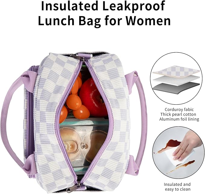 Lunch Box for Women Insulated Lunch Bag Women Adult Cute Lunch Bags Reusable Lunchbox Cooler Tote Bag for Work Picnic (Purple Plaid)