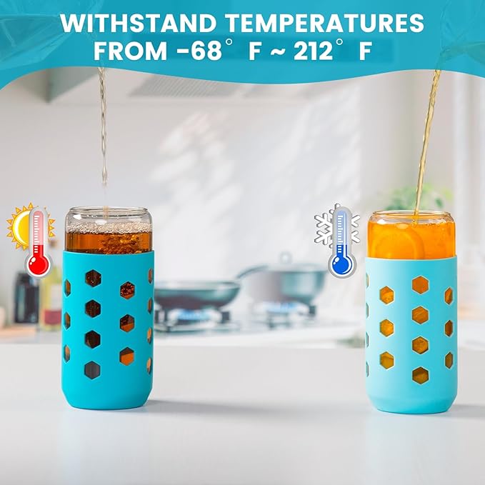 Glass Cups with Lids and Straws (4 Pcs), 20oz Drinking Glasses Set with Silicone Sleeves for Coffee Bar Accessories Iced Coffee Cups with Lids, Glass Tumbler Reusable for Gifts