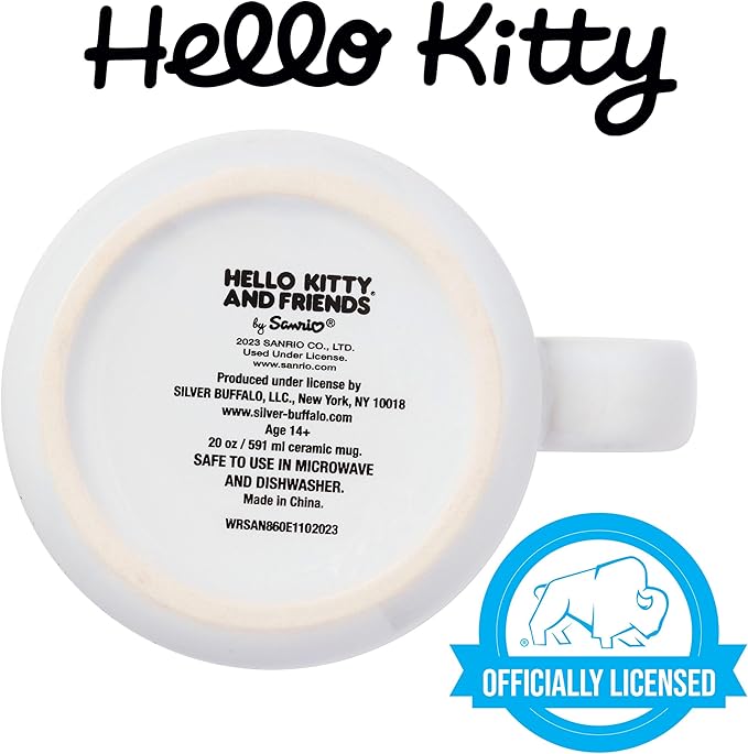 Silver Buffalo Sanrio Hello Kitty Friends Featuring Little Twin Stars, Cinnamoroll, Kuromi, Keroppi, Badtz-Maru, Pochacco, Tuxedo Sam, My Melody, Pompompurin, Chococat Ceramic Camper Mug, 20 Ounces