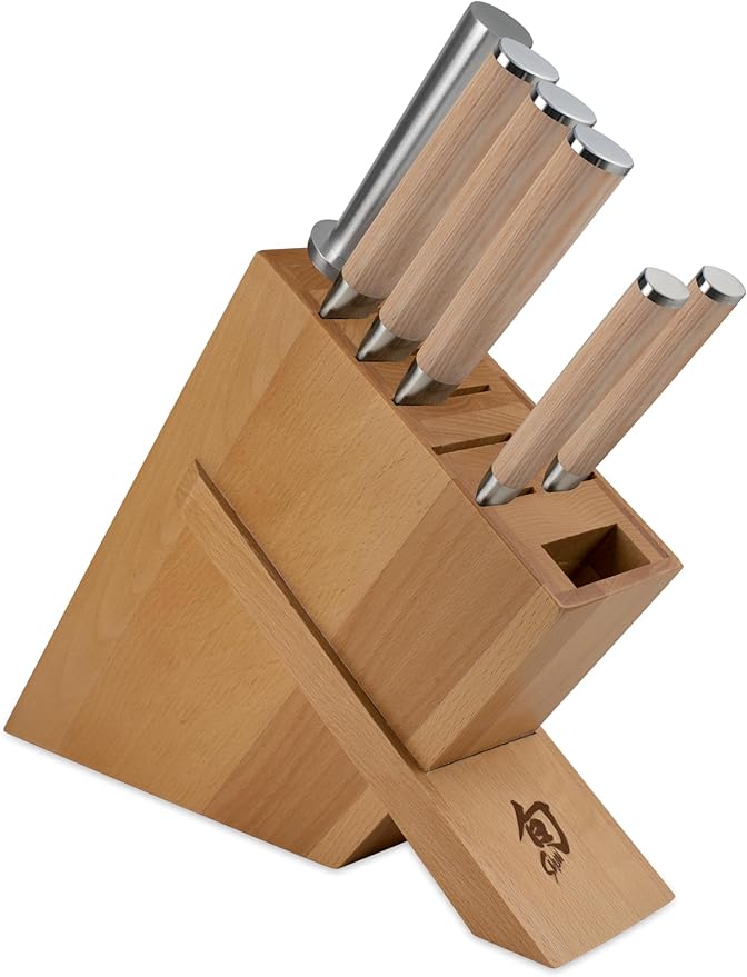 Shun Classic Blonde 7 Piece Block Set, Includes 5 Classic Blonde Knives, Honing Steel and Knife Block, Handcrafted Japanese Knife Set, Damascus Stainless Steel Cladding, Pakkawood Handle