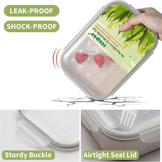 Wheat Straw Lunch Box, Leakproof 3-Compartment Bento Box for Kids & Adults, BPA-Free, Microwave & Dishwasher Safe, 5.5 Cup/1400 ml, White