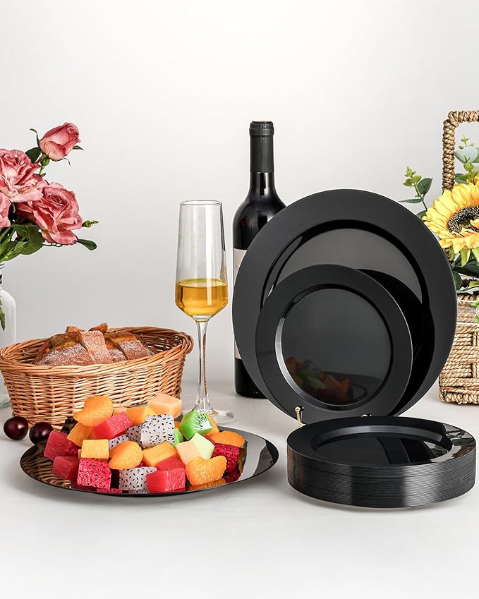 BESTVIP 200PCS Black Plastic Plates, Disposable Party Plates with 100 Dinner Plates and 100 Dessert Plates, Plastic Plates for Party, Wedding, Birthday (Black, 200PCS)