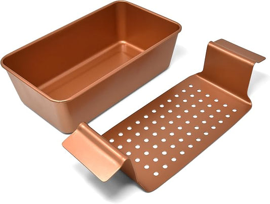PERLLI Meat Loaf Pan with Drip Tray – 2 Pc. 9.8 x 5.7 In. Copper Nonstick Meatloaf Pan with Drain Tray – Large BPA-Free Oven Loaf Pan for Baking, Bread, Cakes, Roasting Meat, & More