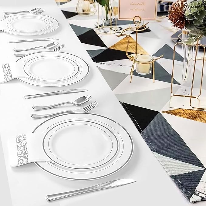 Silver Plastic Plates, MCIRCO 100 Pcs Disposable Party Plates for Weddings, Premium Silver Rim Plates, Include 50 10.25 Inch Dinner Plates and 50 7.5 Inch Dessert Appetizer Plates