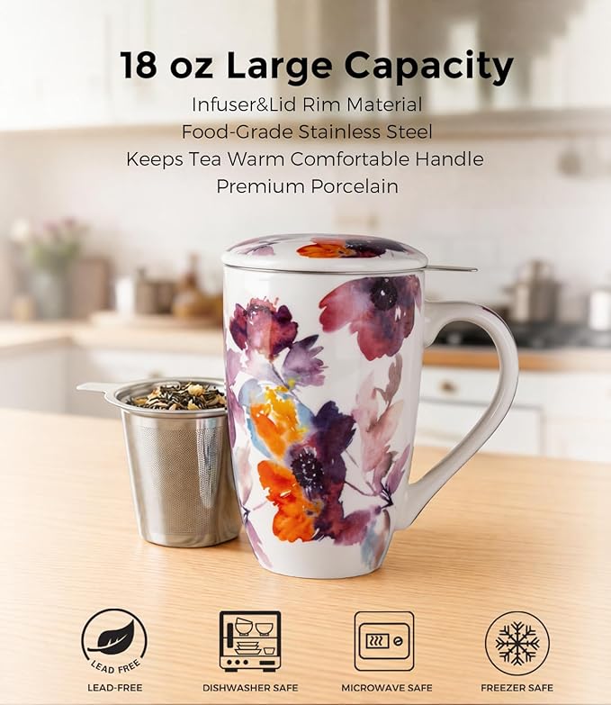 AmorArc Porcelain Tea Mug with Infuser and Lid – 18oz Loose Leaf Tea Cup with Handle, Gift for Tea Lovers (Men & Women)