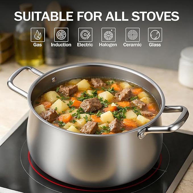 Tifanso Stainless Steel Stock Pot - 8 Quart 3Ply Heavy Duty Large Induction Cooking Pot with Lid for Pasta, Soup, Spaghetti, Nonstick Deep Stockpot, Kitchen Cookware for Stew, Simmer, Canning, Boiling