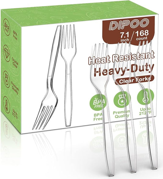 7.1" Clear Plastic Forks Heavy Duty with Heat Resistant & BPA Free, Solid and Durable Plastic Cutlery, Premium Disposable Forks for Party Supply(168 Count)
