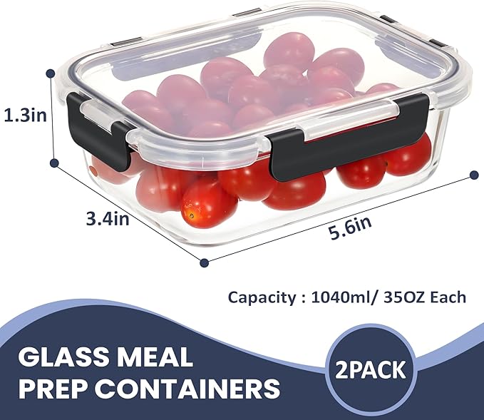 HOTEC 35OZ Glass Food Storage Container, Airtight Glass Lunch Fruit Containers with Lids - Microwave, Oven, Freezer and Dishwasher Safe, 2-PACK