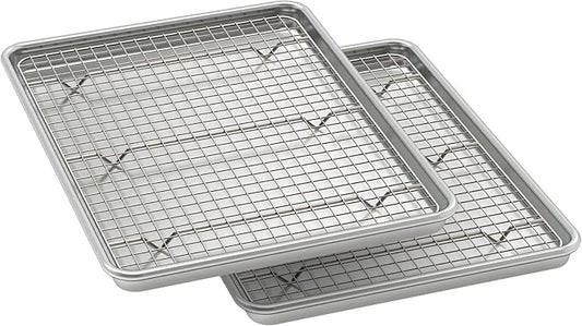 Wildone Baking Sheet with Rack Set (2 Pans + 2 Racks), Natural Aluminum Commercial Quality Cookie Sheet with Cooling Rack, Nonstick Baking Pan, Warp Resistant & Heavy Duty, Half Sheet Size