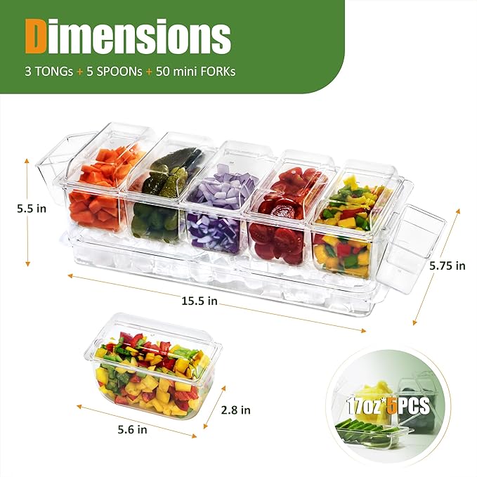 IVYHOME Chilled Condiment Server, Taco Bar Serving Set, Mimosa Bar Supplies, with 5 Lidded Containers and Detachable Ice Storage Layer, 2 Hanging Cups for Storing Tong or Forks