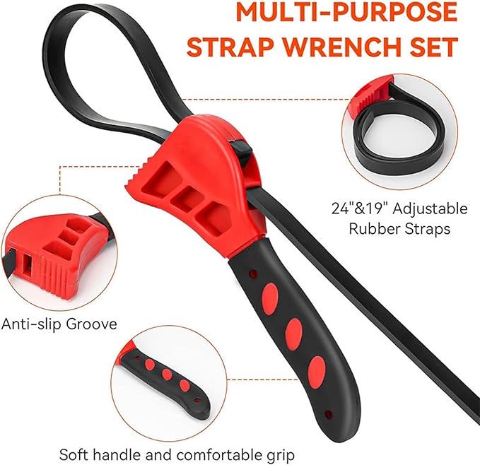 2-Pack Adjustable Rubber Strap Wrench Set – 25.20" & 20.48" Heavy-Duty Strap Wrench for Oil Filter, Jar Opener, Water Filter, Plumbing, Sink, Faucet – Non-Slip Multipurpose Wrench Tool (Red)