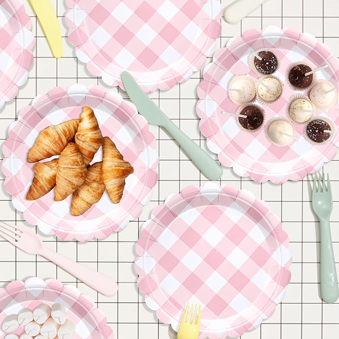 48 Pcs 7" Pink Gingham Paper Plates Light Pink & White Scalloped Checkered Party Plates, Pastel Plaid Dessert Table Supplies for BBQ Gathering Picnic Baby Shower Birthday Dinner Party Tableware