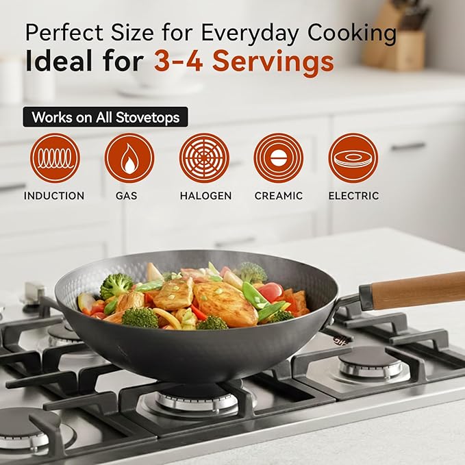 WANGYUANJI 12.6-Inch Carbon Steel Wok with Lid, Flat Bottom Nonstick Chinese Wok Pan with Detachable Wooden Handle for Induction, Gas & Electric, 5 QT Stir Fry Pan