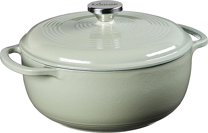Lodge 4.5 Quart Enameled Cast Iron Dutch Oven with Lid – Dual Handles – Oven Safe up to 500° F or on Stovetop - Use to Marinate, Cook, Bake, Refrigerate and Serve – Desert Sage