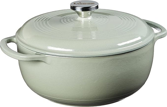 Lodge 4.5 Quart Enameled Cast Iron Dutch Oven with Lid – Dual Handles – Oven Safe up to 500° F or on Stovetop - Use to Marinate, Cook, Bake, Refrigerate and Serve – Desert Sage