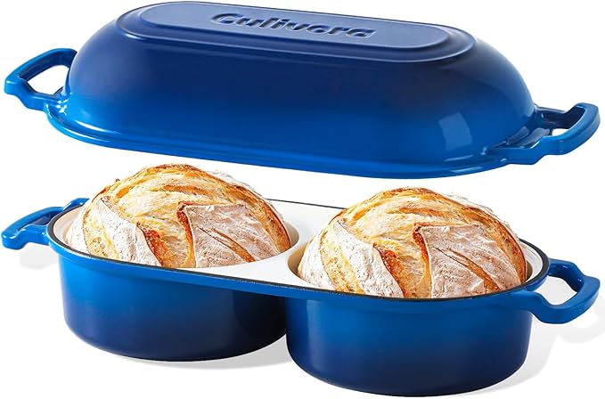 Cast Iron Bread Pan with Lid, Enamel Sourdough Baking Dutch Oven Pot, Double Round Loaf Space for Homemade, Bread, Cake, Meatloaf, 16.5cm Diameter, 500°F Oven Safe, Non Stick, Blue